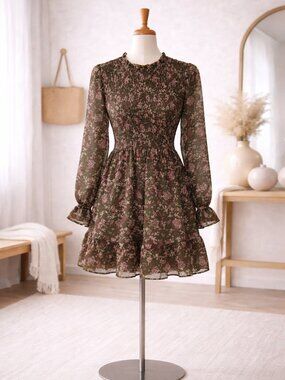 Main Strip Green Floral Smocked Mini Dress Boho Long Sleeve Size M